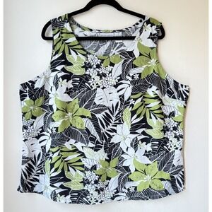 Jaclyn Smith Linen Blend Floral Top 1X Black Green Beads Sequins Vacation